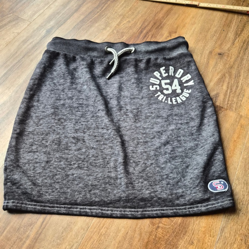Superdry Tri League 54 Mini Skirt Charcoal Fleece Drawstring Womens Small Y2K